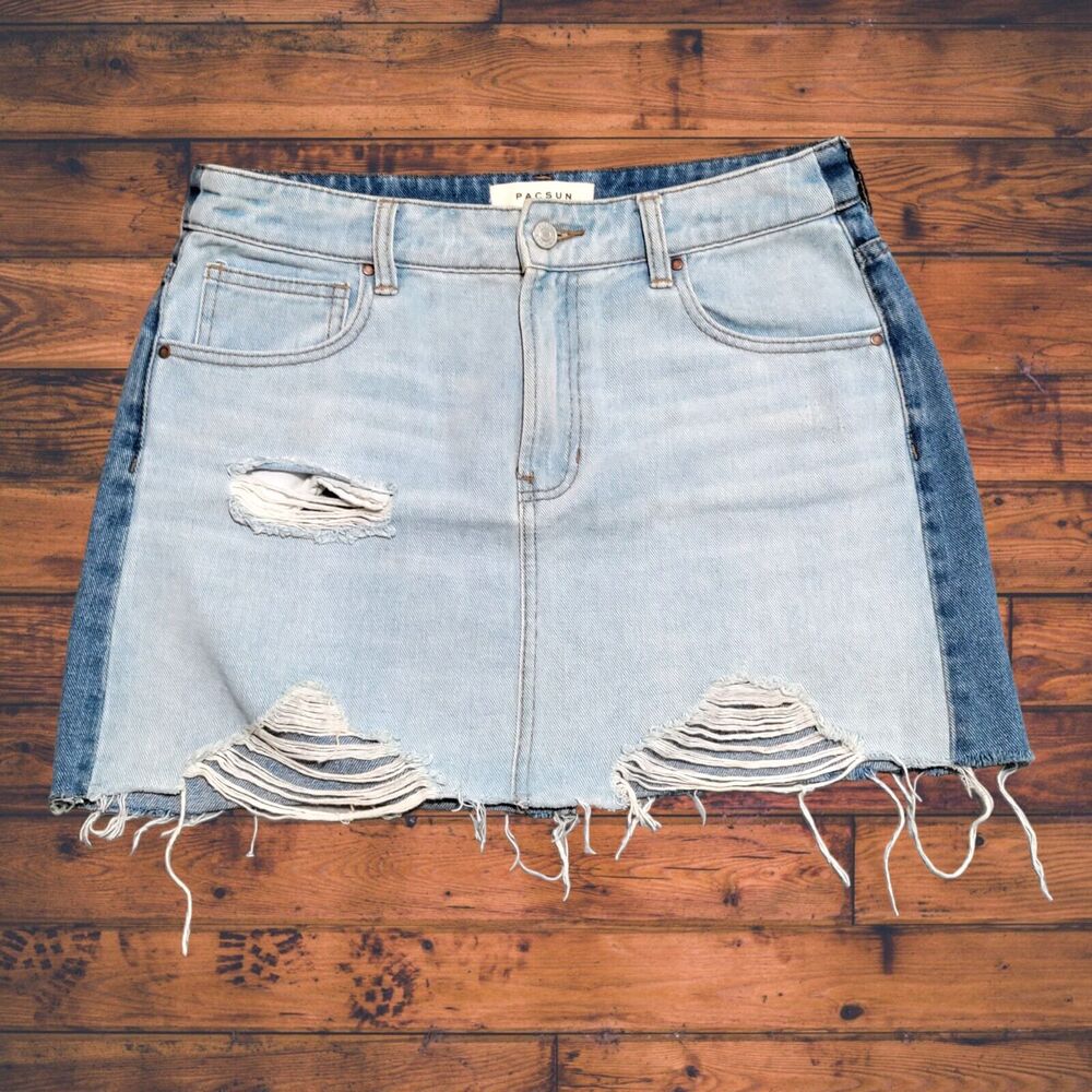 Pacsun - Two-Tone Distressed Raw Hem Denim Mini Skirt